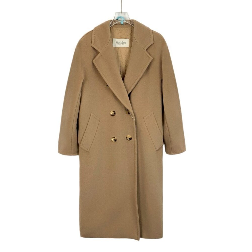 Max Mara Womens Camel Double-Breasted Wool Coat With Pockets & Back Belt Detail